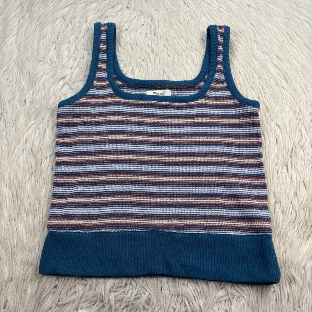 Madewell Women's M Blue Multi Striped Textural Square-Neck Tank Top Preppy Cozy